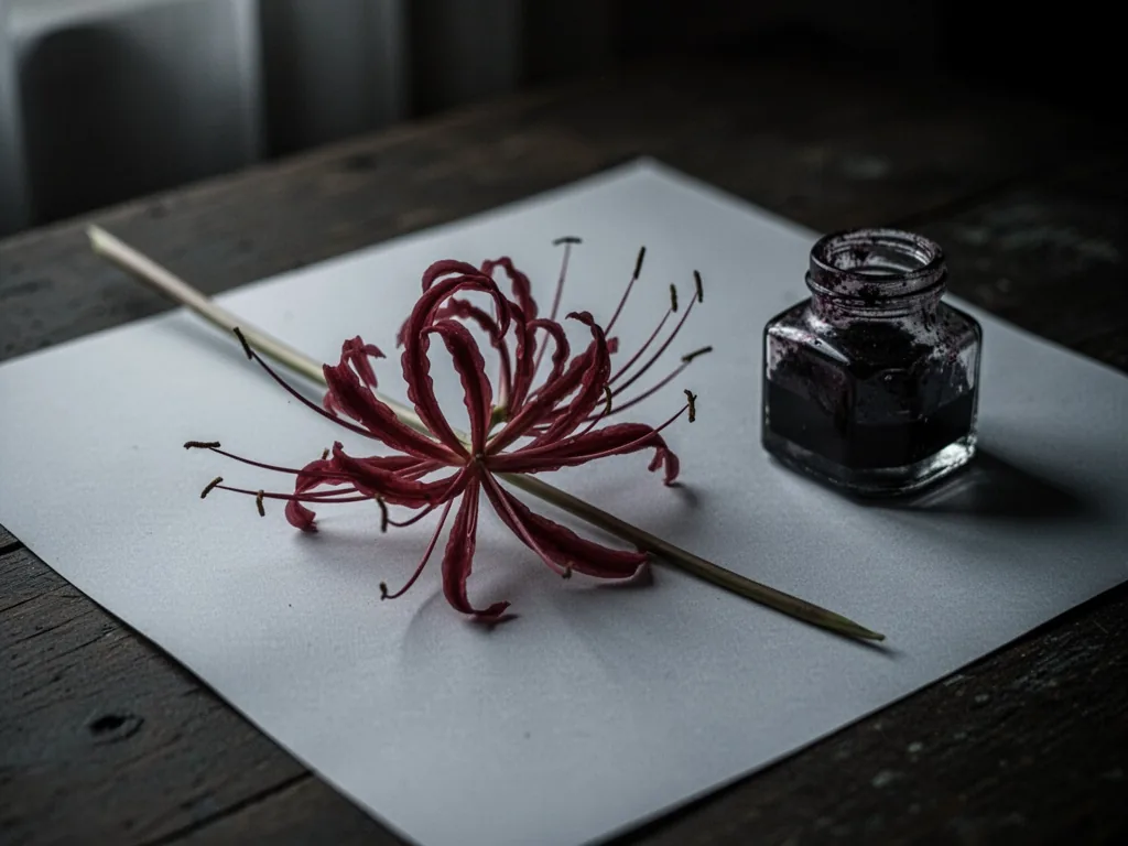 A single crimson spider lily on a blank sheet of paper beside an empty inkwell, dim natural light, somber atmosphere, mu