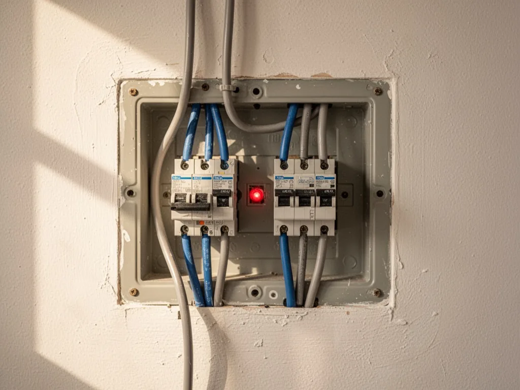 A residential electrical panel with two separate circuit breakers, blue and grey cables entering each switch, a small re