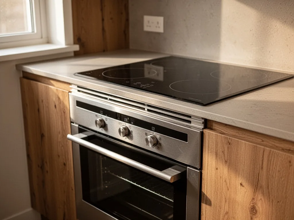 A stainless steel oven fitted beneath a black glass induction cooktop, a narrow ventilation gap between them, wooden kit