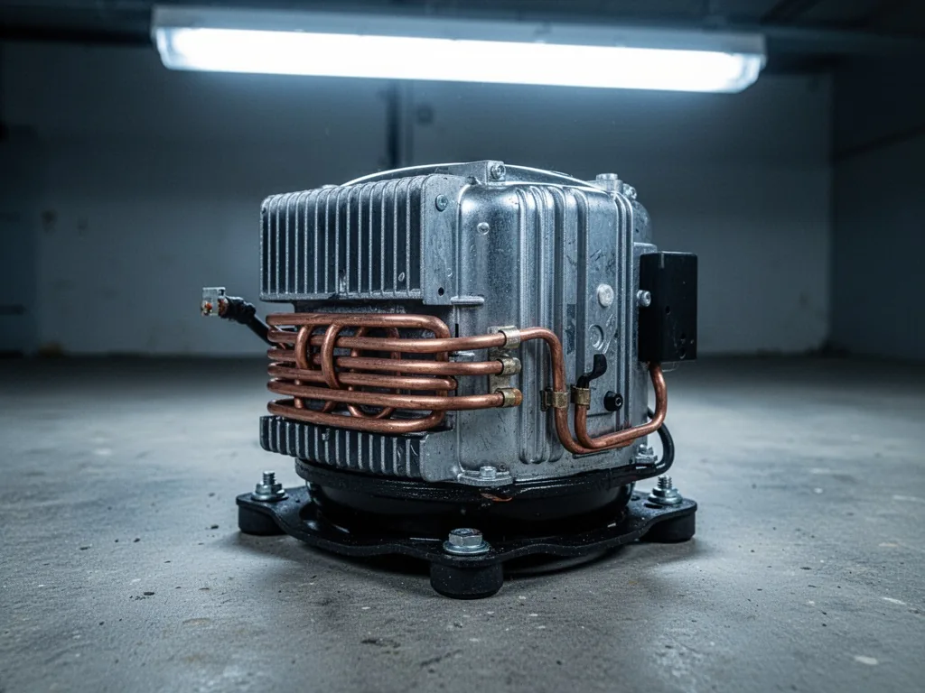 A freezer compressor unit with ribbed metal casing, exposed copper coils, and a black rubber base, resting on a gray con