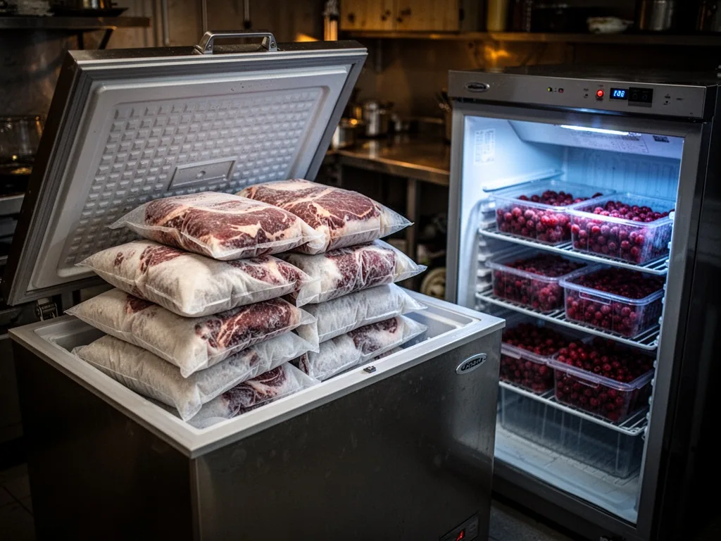 An open chest freezer stacked with white bags of frozen veal leftovers beside an open upright freezer with trays of froz