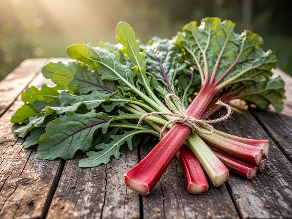 A bunch of arugula leaves with purple-veined stems, rhubarb stalks tied with twine on weathered wood, soft morning sunli