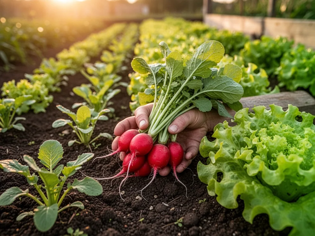A handful of red radishes with green tops tucked between rows of young lettuce in dark garden soil, warm golden afternoo