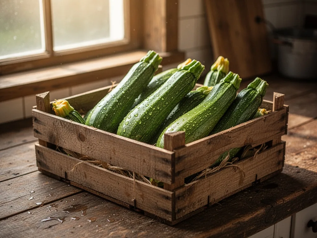 A wooden crate filled with fresh green zucchini, soft morning light streaming from a window, water droplets glistening o