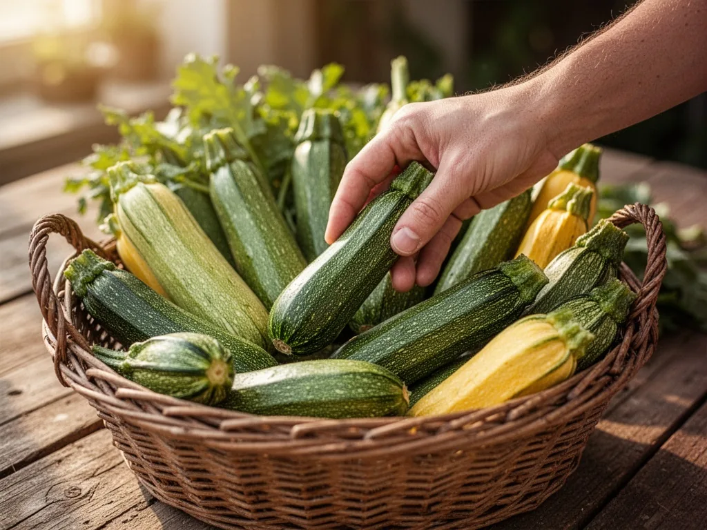A wicker basket overflowing with assorted green vegetables including zucchini, a hand reaching in to pick one, soft focu