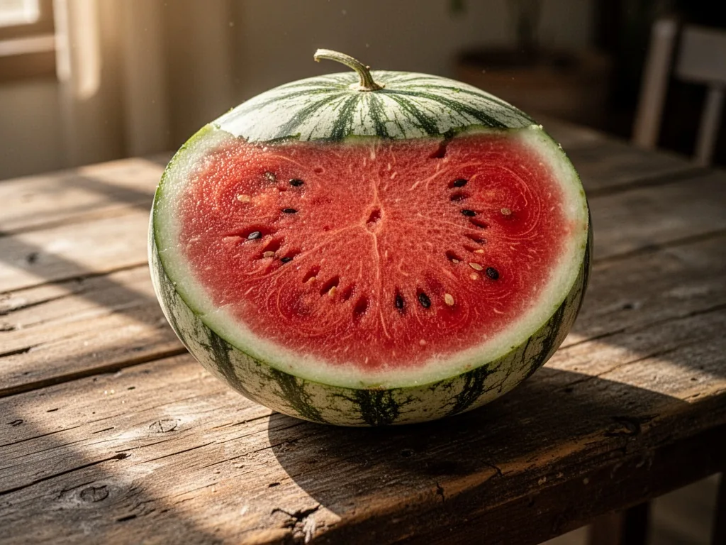 A half-cut xigua melon with vibrant green rind and bright red flesh, resting on a weathered wooden table, soft morning l