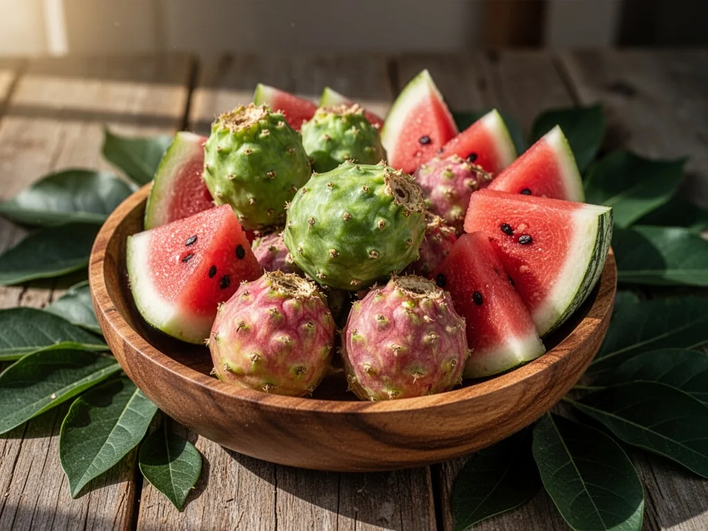 A wooden bowl filled with fresh xoconostle cactus fruits and juicy xigua slices, surrounded by dark green leaves, natura