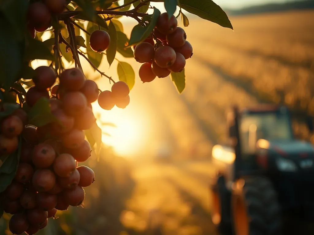 Branche de ximenia americana chargée de petites drupes orangées ressemblant à des prunes, avec des feuilles vertes ovales et brillantes.