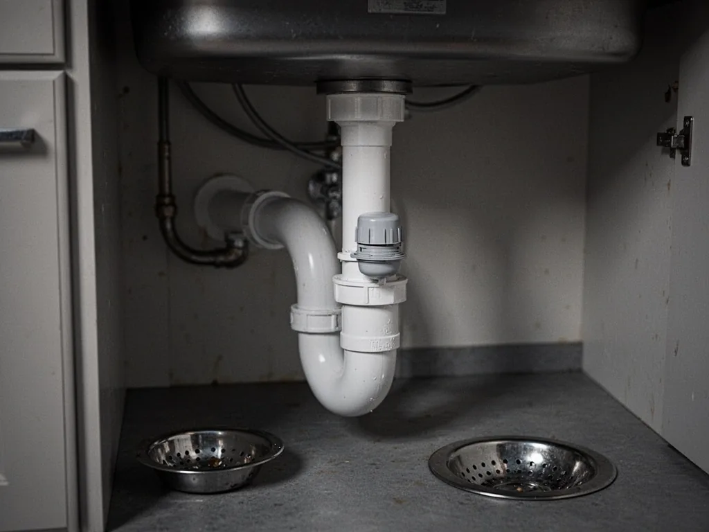A white PVC drain pipe with a small air admittance valve fitted vertically, under a kitchen sink, metal strainer nearby,