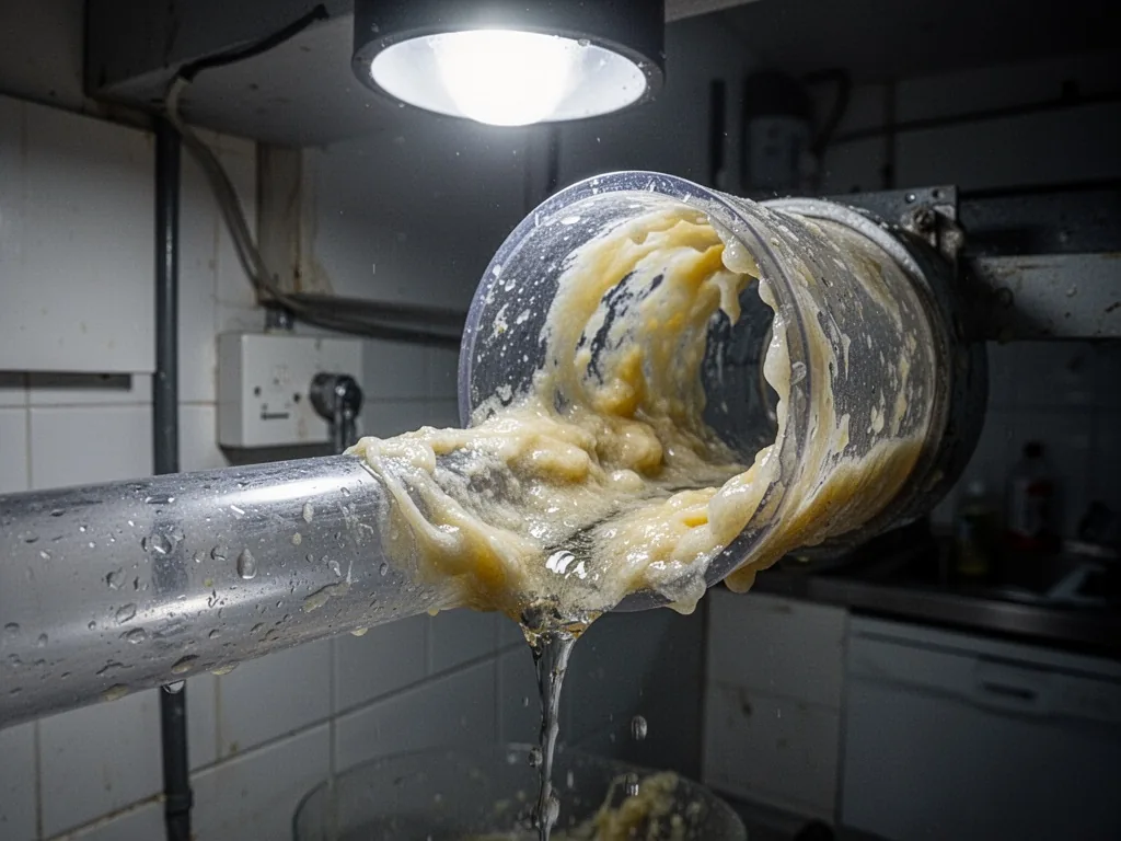 Thick white and yellow congealed grease lining the inside of a clear PVC pipe section, a thin trickle of water strugglin
