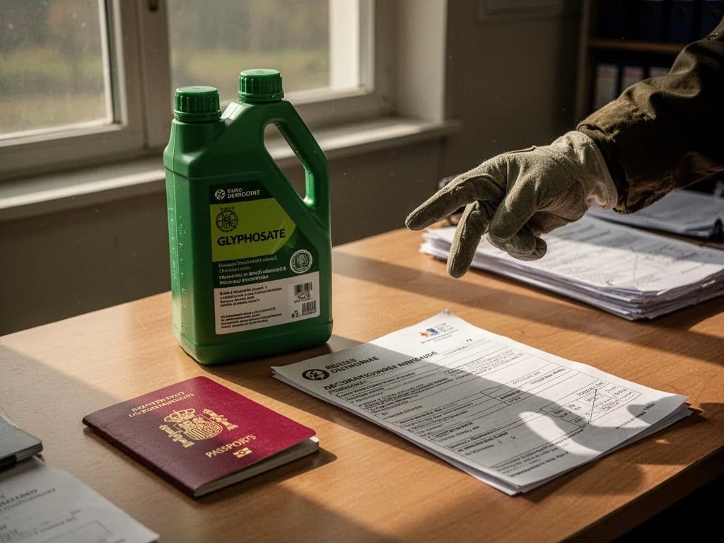 A green glyphosate bottle on a customs inspection table beside a Spanish passport and a French declaration form, a glove