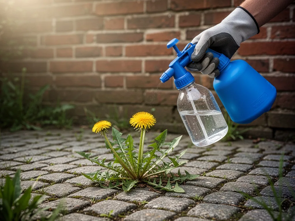 A gardener's gloved hand holding a blue sprayer filled with acetic acid, pointed at a dandelion on a cobblestone path, s