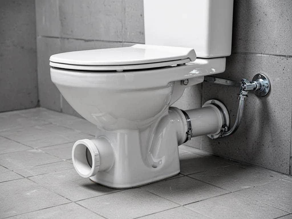 A white ceramic toilet placed on a tiled floor, its horizontal drain pipe protruding from the base, silver clamp connect