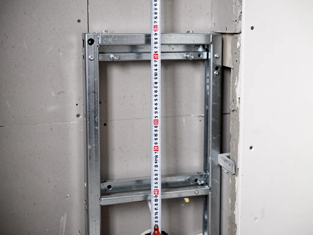 A metal support frame for a wall-hung toilet, installed behind a partial wall, a measuring tape showing exact millimeter