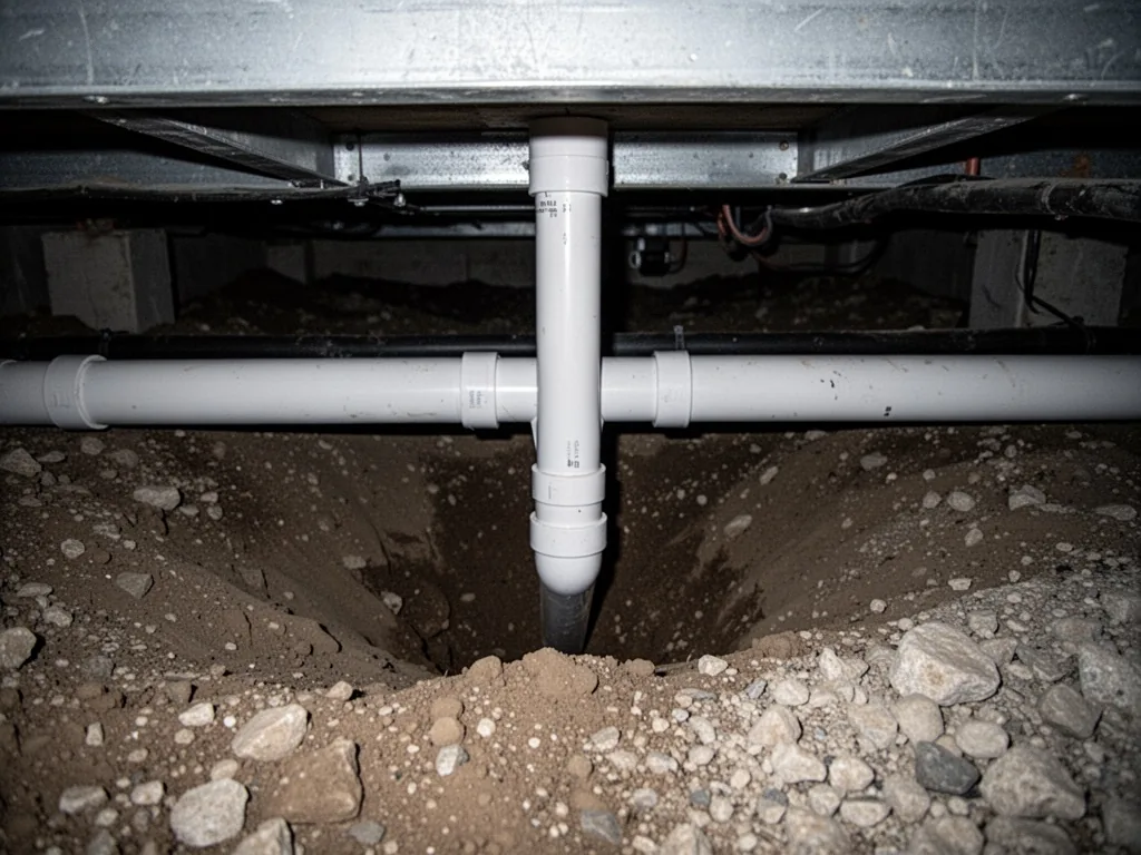 A dark crawl space viewed from above, a white PVC pipe descending vertically into a suspended horizontal collector, dirt