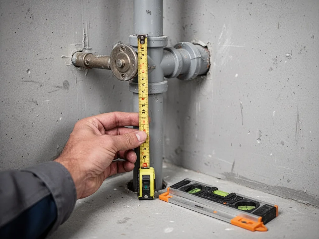 A plumber's hand holding a tape measure against a wall drain pipe, the tape marking a specific height, level tool restin