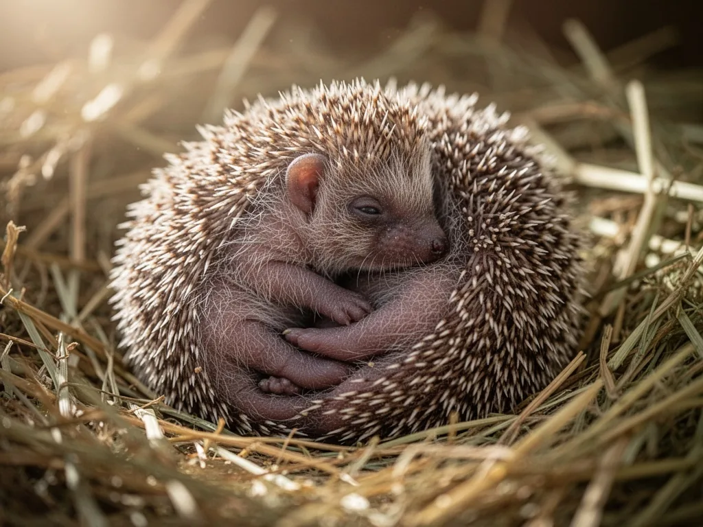 A newborn baby hedgehog curled on a bed of hay, soft morning light, tiny translucent spines, warm brown tones