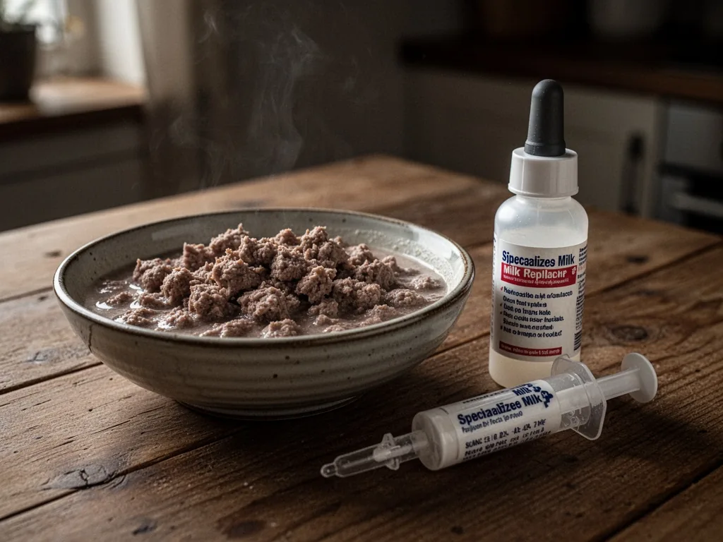 A shallow ceramic bowl of wet cat food beside a dropper with specialized milk replacer, wooden table, dim kitchen light