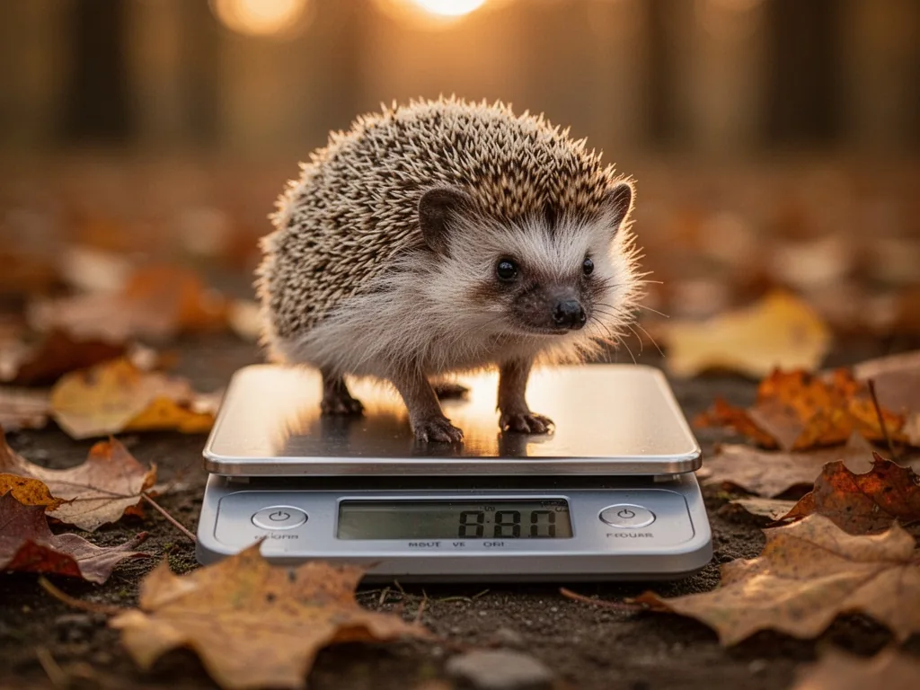 A hedgehog standing on a digital scale, autumn leaves scattered around, weight display blurred, soft amber evening glow