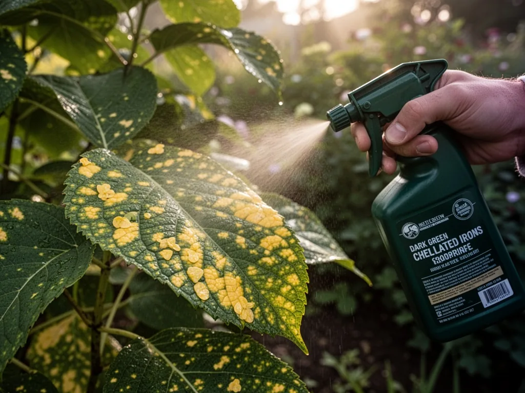 A yellow-spotted hydrangea leaf being misted with dark green chelated iron spray from a handheld bottle, morning sunligh