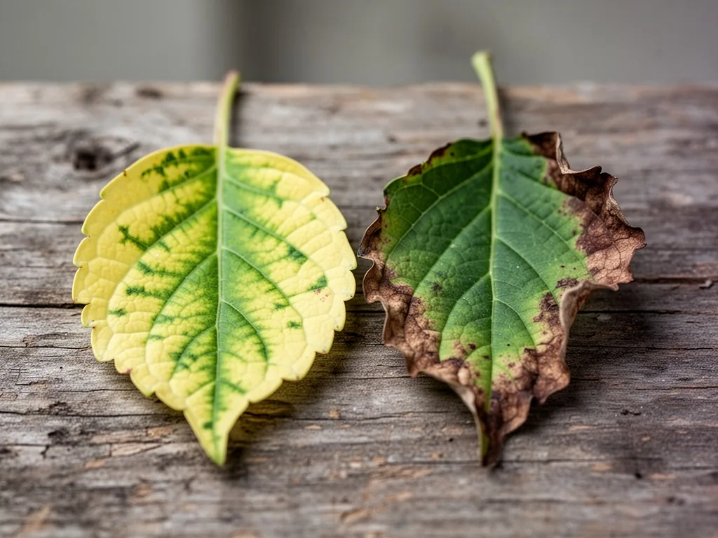 Two hydrangea leaves side by side on weathered wood: one yellow with green veins, another with crispy brown edges, soft 