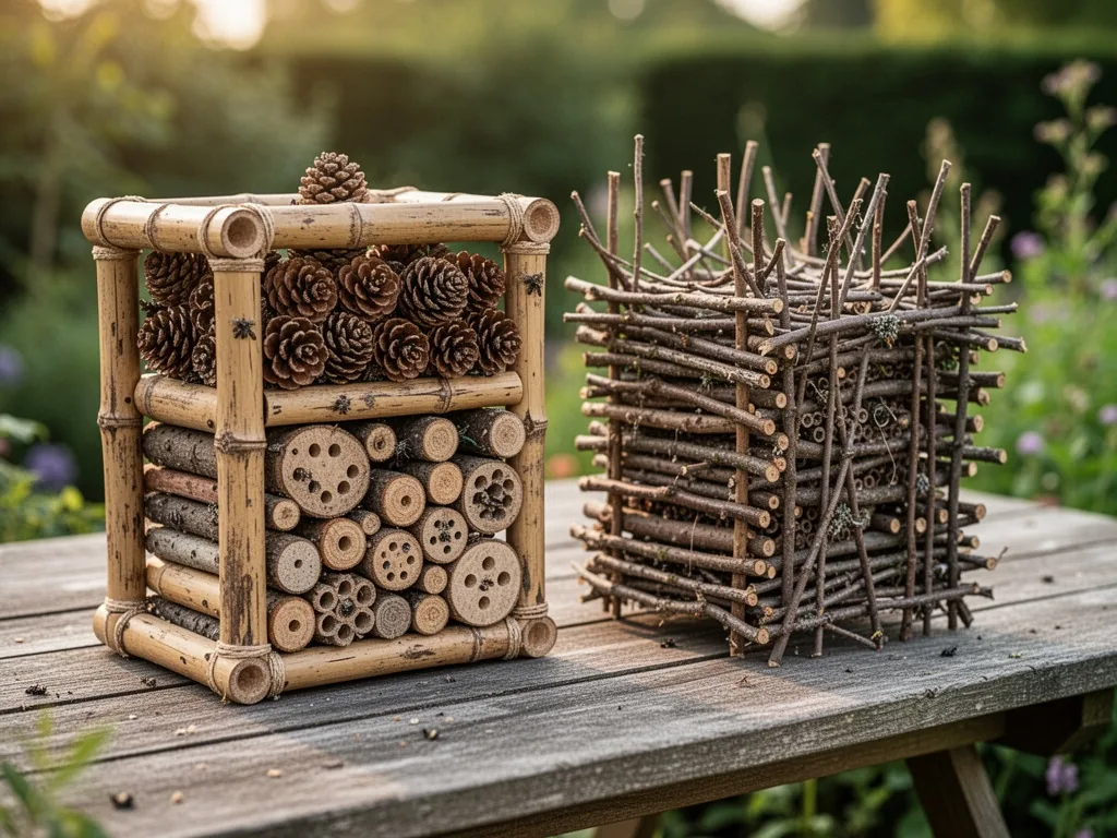 Two insect hotels side by side on a weathered wooden table, one sturdy with thick bamboo and pine cones, another cheap w