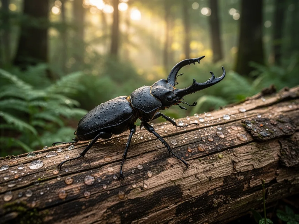 A large black stag beetle with curved mandibles, perched on a weathered oak log, morning dew droplets, soft diffused lig