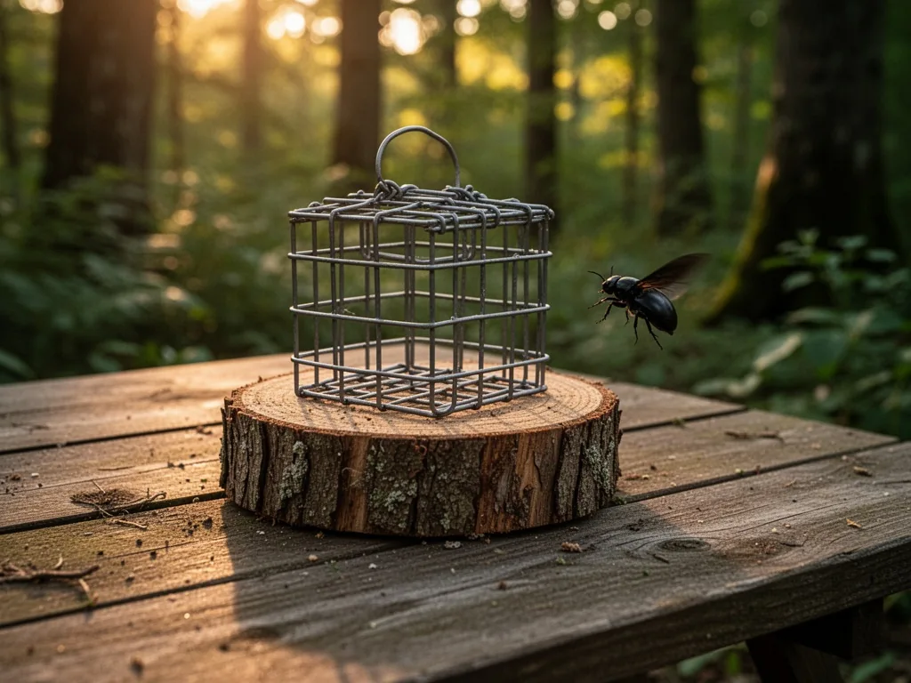 A wooden table with a small wire cage over a cut log, a black flying beetle hovering near the edge, late golden hour lig
