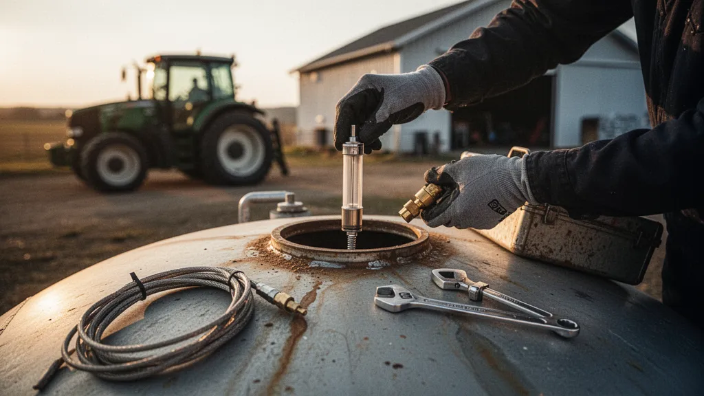 Vue rapprochée d'une jauge installée sur le haut d'une cuve de carburant, ciel clair