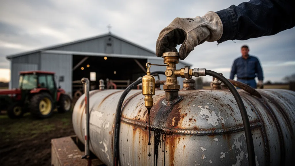 Vue rapprochée d'une jauge installée sur une cuve de fioul, affichage numérique et câble