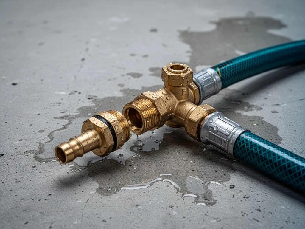 A garden hose brass fitting disconnected from a pressure washer inlet, water droplets on the valve, close-up on a wet co