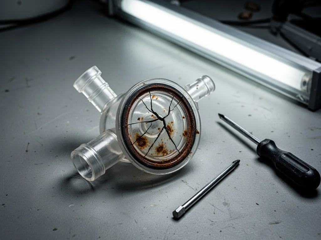 A transparent pump head with a cracked seal and rust spots inside, laid on a workbench next to a screwdriver, side-lit f