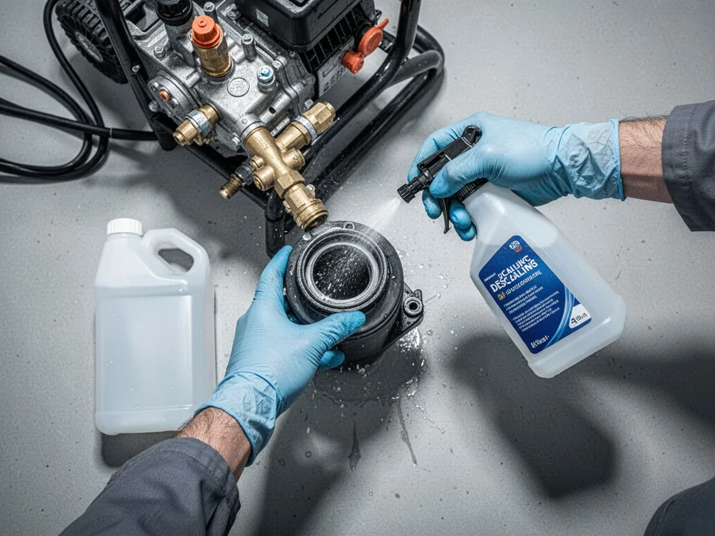 A pair of gloved hands spraying descaling solution into the water intake of a pressure washer, plastic bottle beside, br