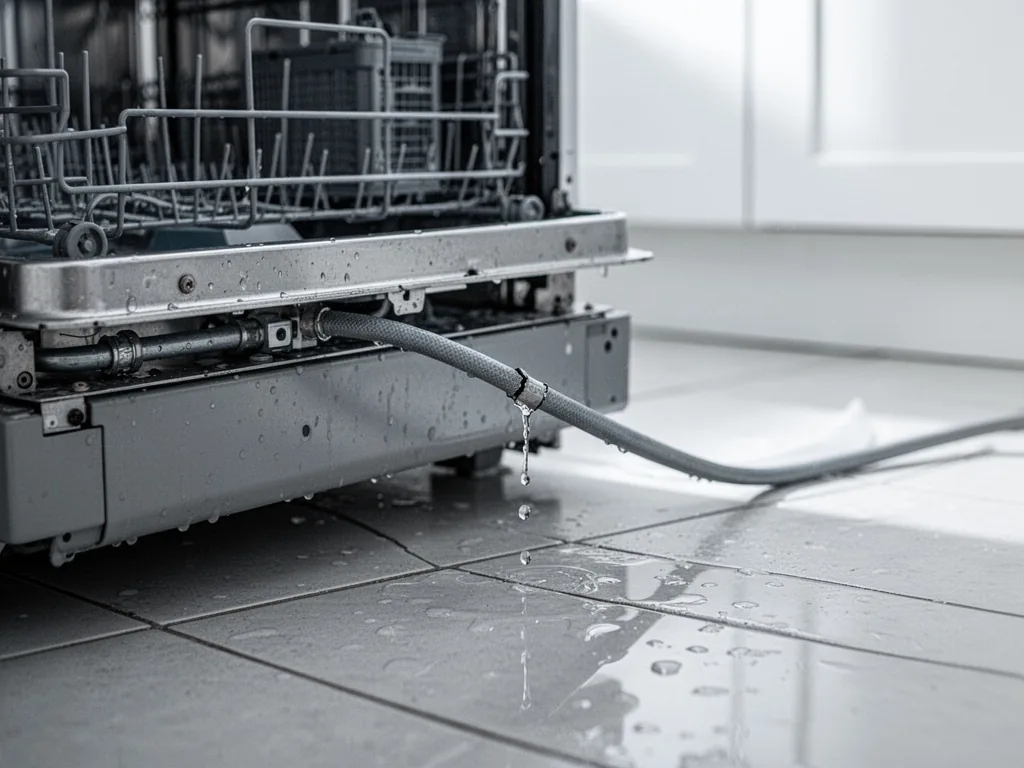A dishwasher bottom panel removed, a dripping water hose with a small crack, droplets on a wet floor tile, soft daylight