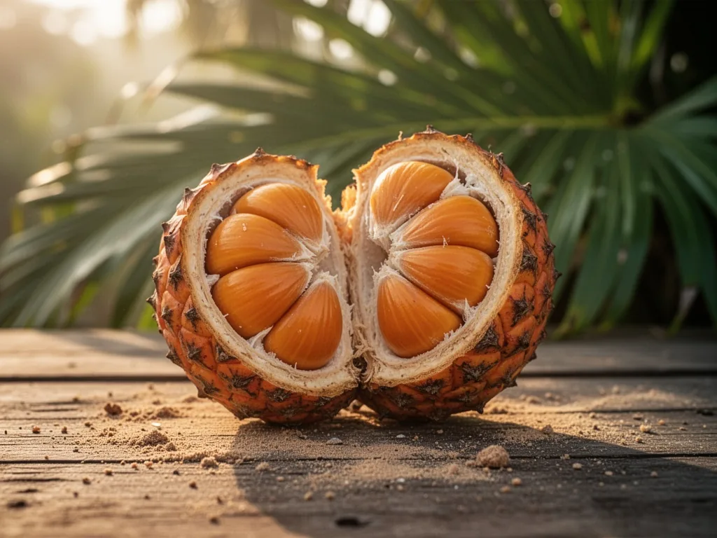 A close-up of a ripe hala fruit split open showing its orange segments, resting on a dusty wooden surface, blurred tropi