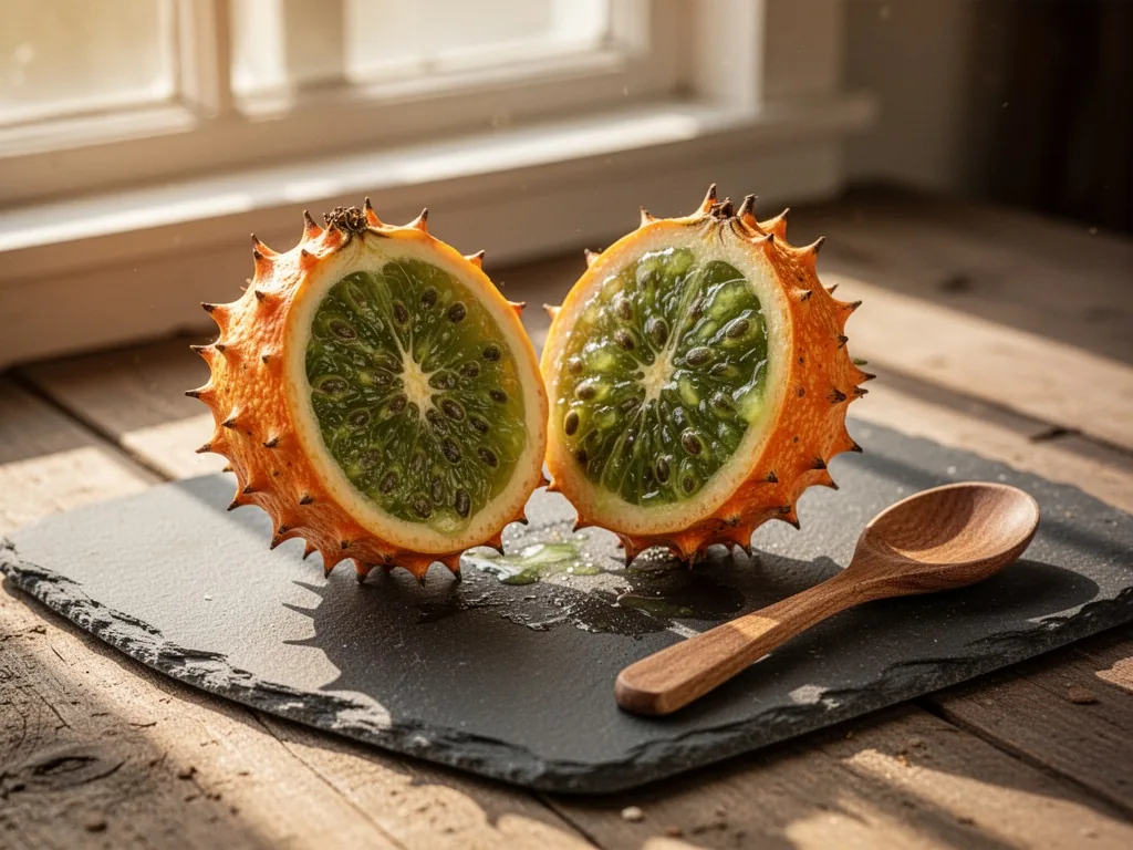A horned melon sliced in half on a slate board, orange spiky skin and green jelly interior with seeds, bright window lig