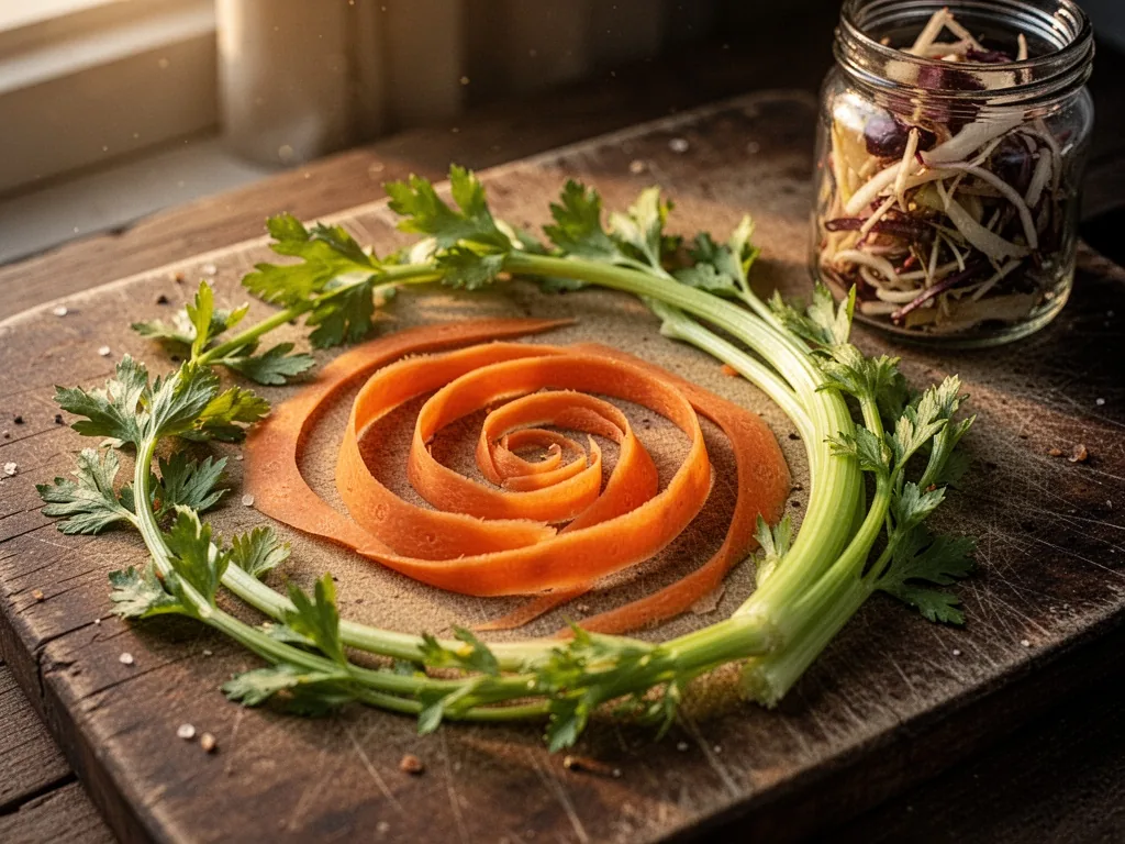 Vegetable peels and stems arranged in a spiral pattern on a worn cutting board, carrot peels, celery leaves, a glass jar