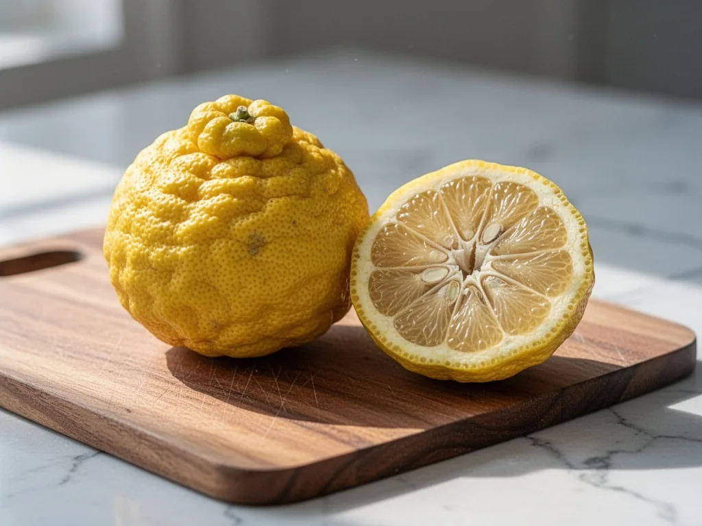 A whole yuzu fruit with bumpy yellow skin next to a halved yuzu revealing pale segments, on a wooden cutting board, soft