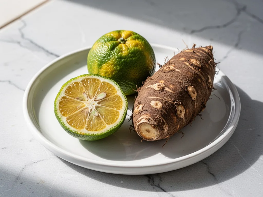 A yuzu fruit sliced in half beside a whole yacón root with brown skin, both on a white ceramic plate, natural daylight