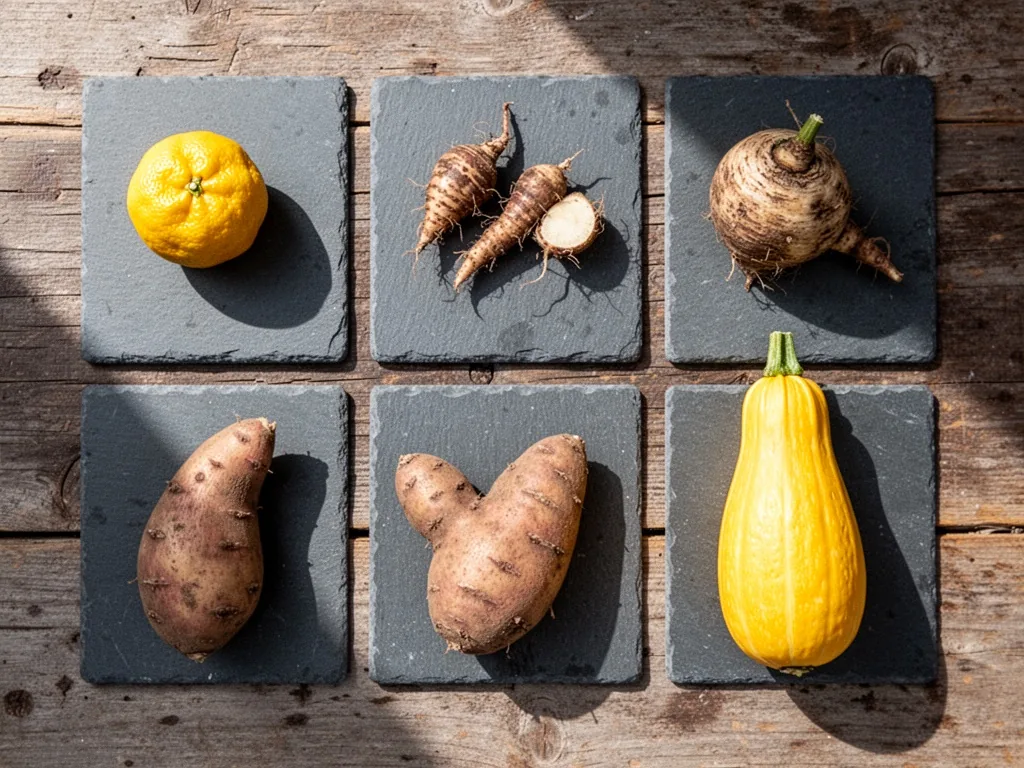 An overhead flat lay of yuzu, yacón, yam, and yellow squash arranged in a grid on a rustic wooden table, soft shadow