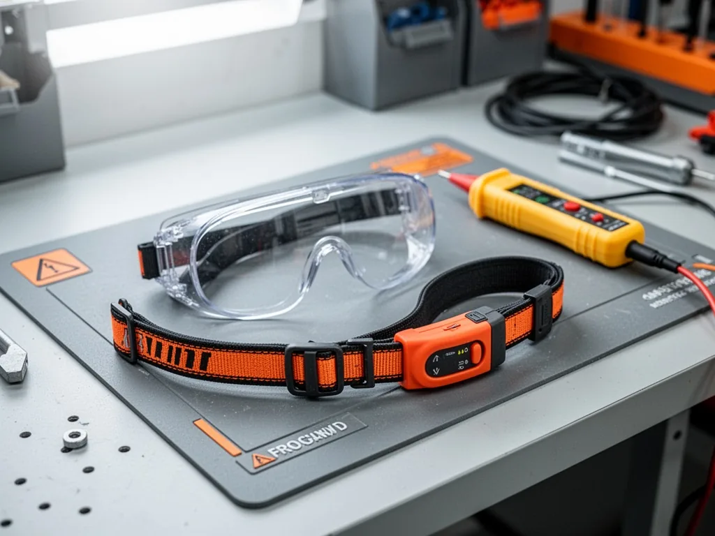 A pair of safety goggles and an antistatic wrist strap resting on a grounded work mat, a yellow voltage tester nearby, b