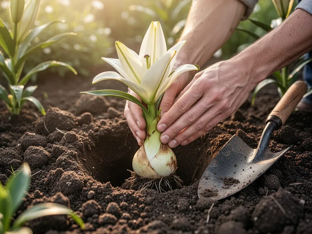 A pair of hands gently placing a pale lily bulb into a shallow hole in dark, crumbly soil, a garden trowel resting besid