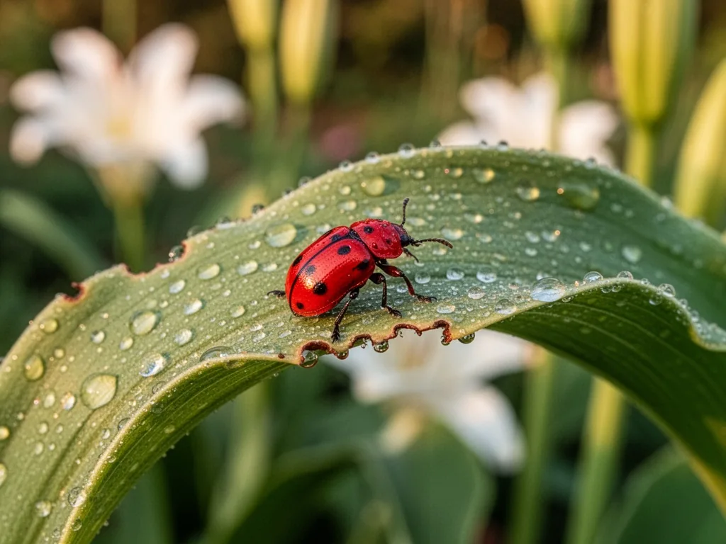 A glossy red lily beetle perched on a green lily leaf with tiny bite marks along the edge, morning dew droplets, natural