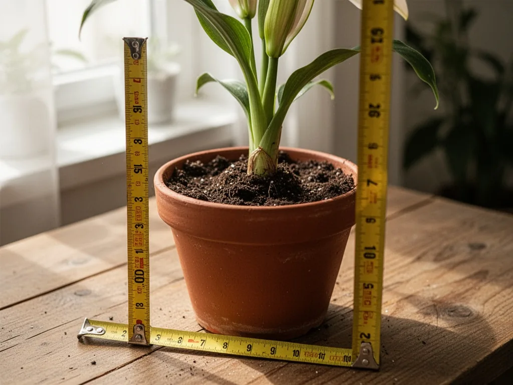 A deep terracotta pot with a lily shoot emerging from rich potting soil, a yellow measuring tape placed beside showing 3