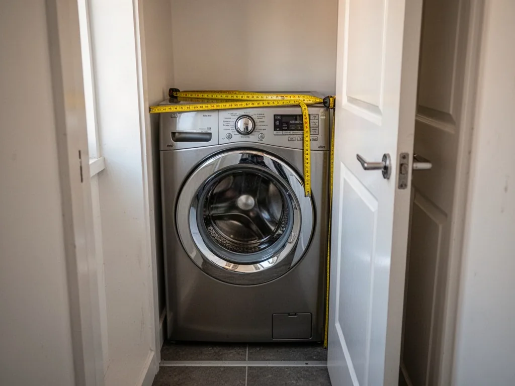 A front-loading washer-dryer fitted into a narrow alcove, a yellow measuring tape draped over its top, a partially open 