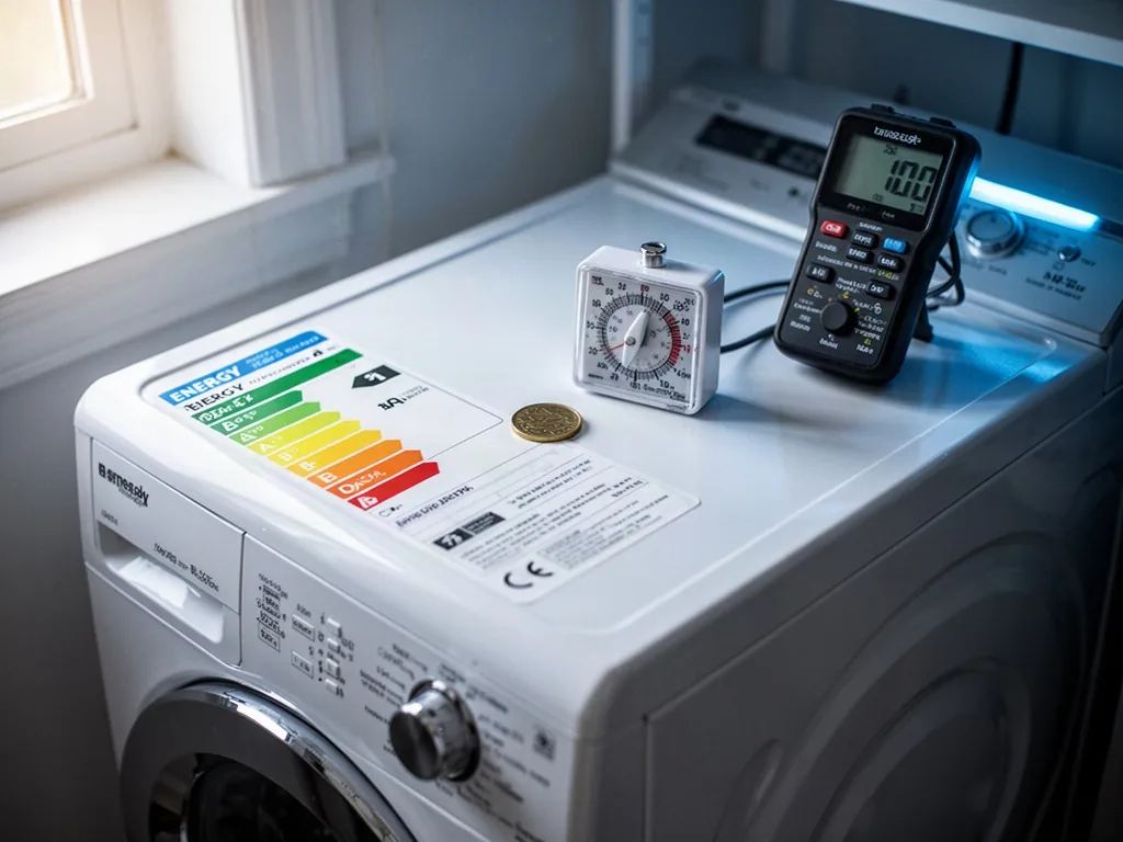 An energy label sticker on a washer-dryer, a small timer and a single coin resting on its top, a digital sound meter bes