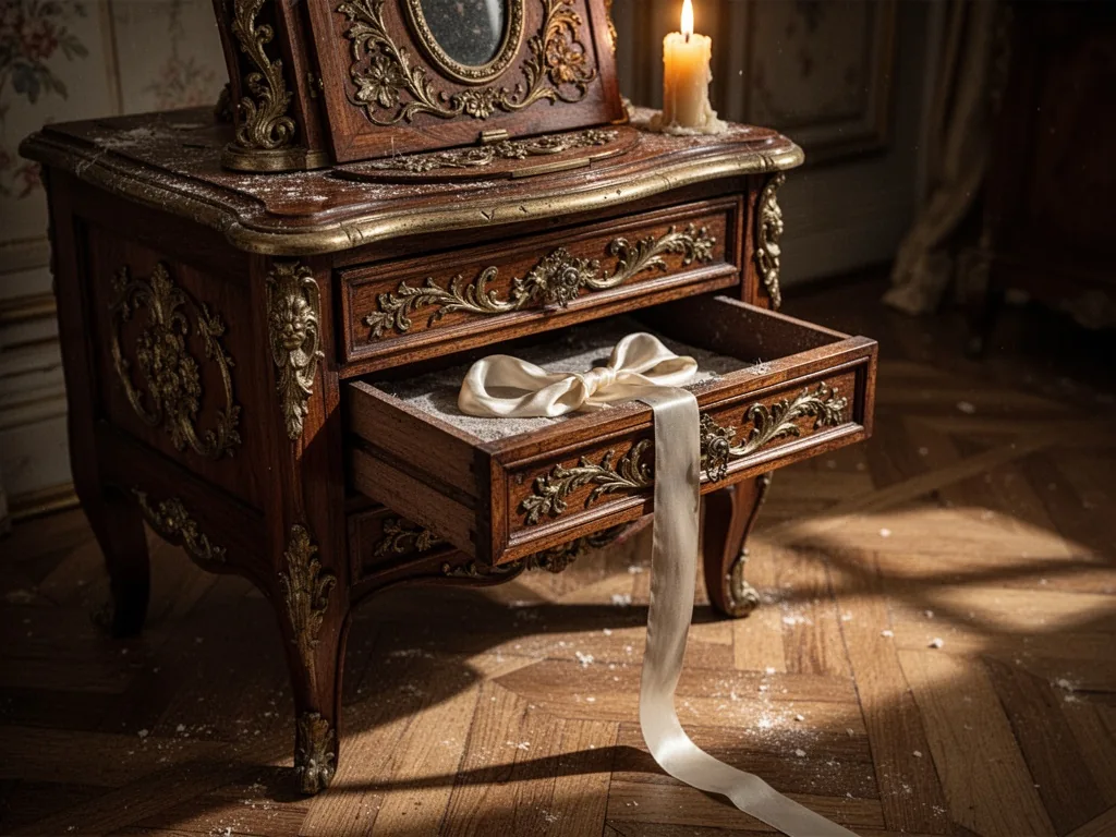 An ornate 18th-century French secret cabinet with a hidden drawer slightly ajar, revealing a pale silk ribbon, warm cand