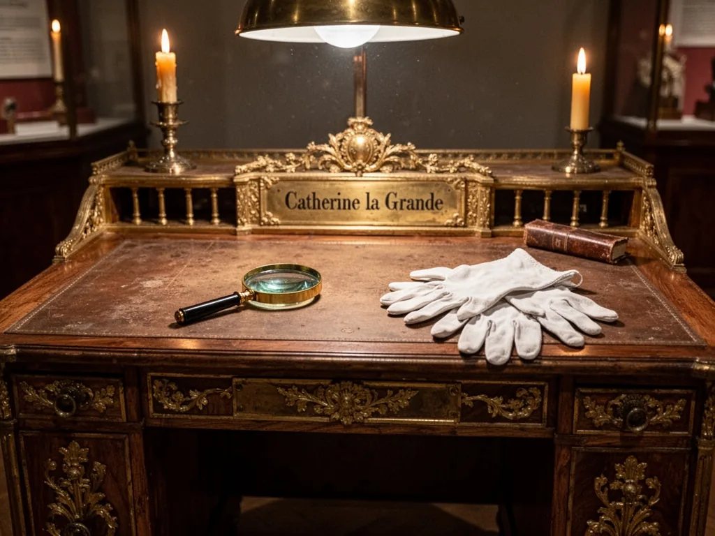 A gilded writing desk with a brass plaque reading 'Catherine la Grande', a magnifying glass and white gloves resting on