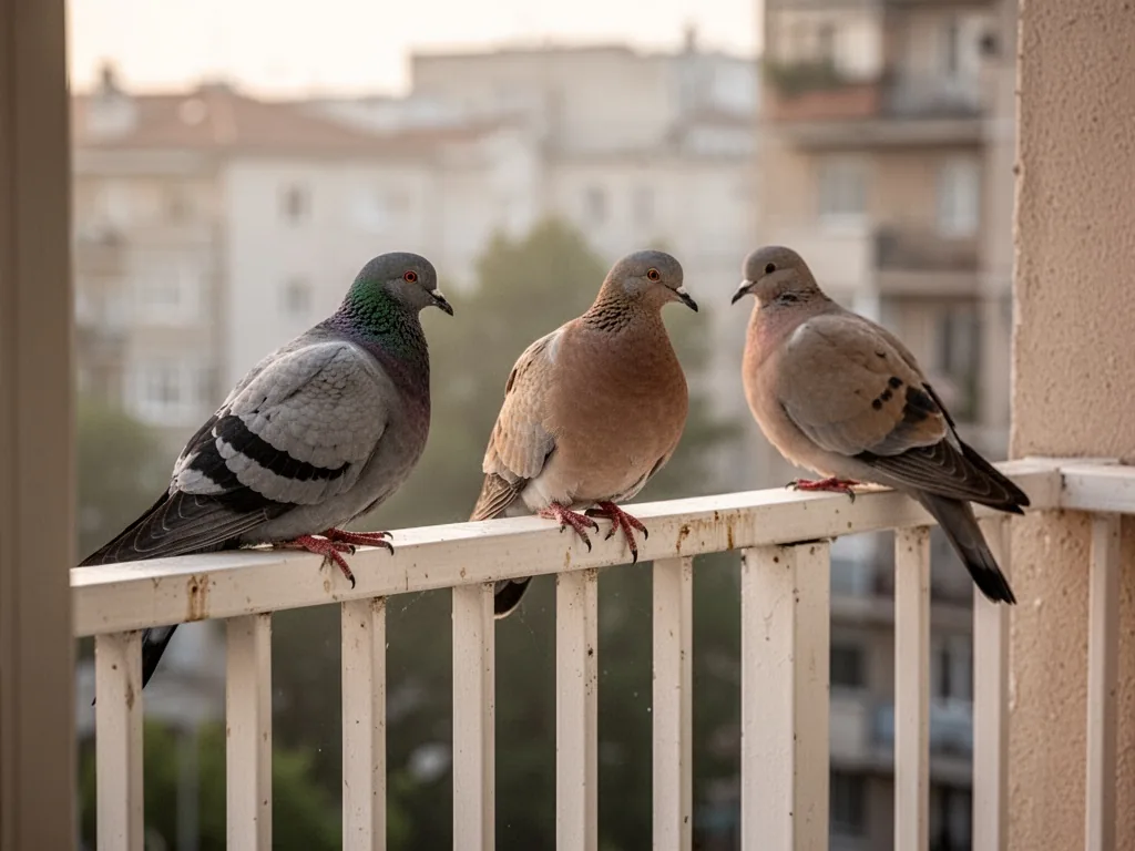 Three birds perched on a white balcony railing: a pigeon, a turtledove, and a dove, soft morning light, subtle color dif