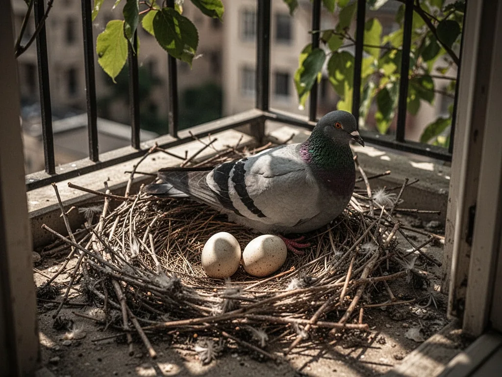 A pigeon nest on a balcony floor with two pale eggs among dry twigs, dappled sunlight through leaves, peaceful afternoon